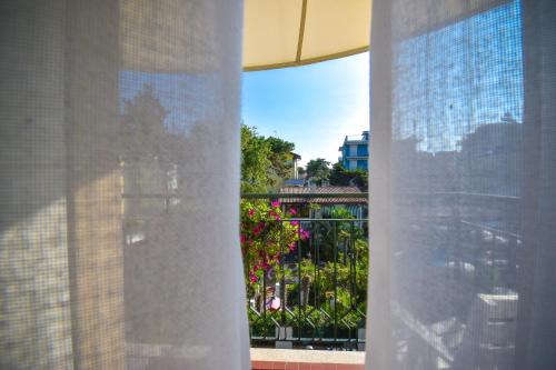 a view from a window of a building with flowers at Hotel Janeiro in Caorle