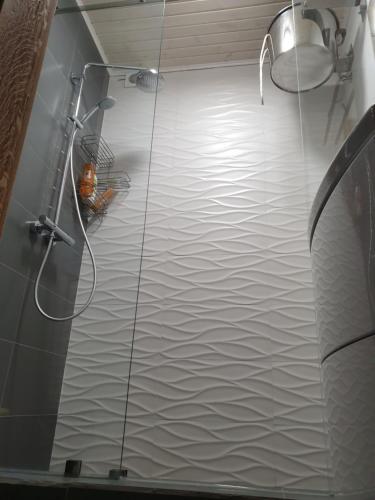 W łazience znajduje się prysznic ze szklaną ścianą. w obiekcie Трушки34 w mieście Trushki