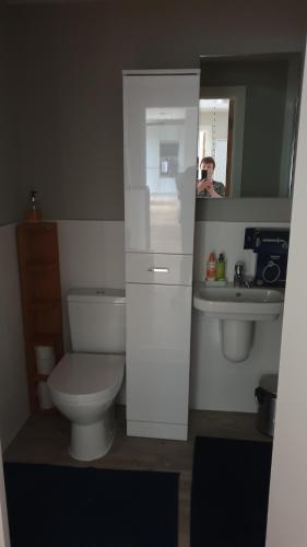 uma pequena casa de banho com WC e lavatório em 1 double guest bedroom in my home North Leeds em Horsforth