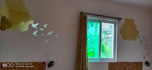 a room with a window with birds on the wall at Decho Hostel in Ko Lipe