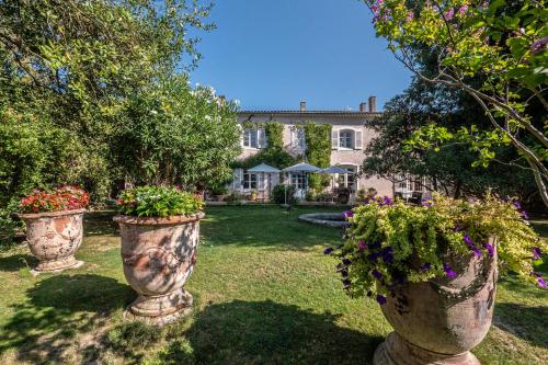 due grandi vasi di pietra con fiori nel cortile di una casa di Mas d'Escattes a Nîmes