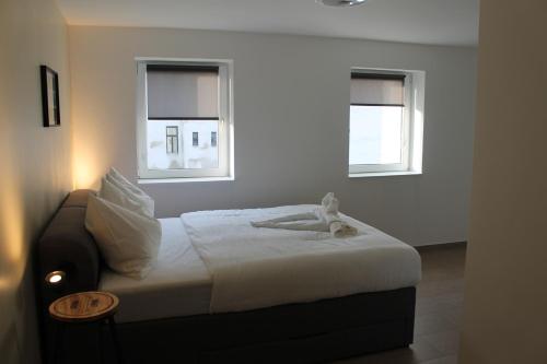 - une chambre avec un lit et 2 fenêtres dans l'établissement Urban-Style-Rooftop-Apartment, à Vienne