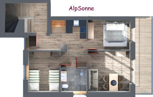 a floor plan of a room with a bed at Alpfee Lechtal in Bach