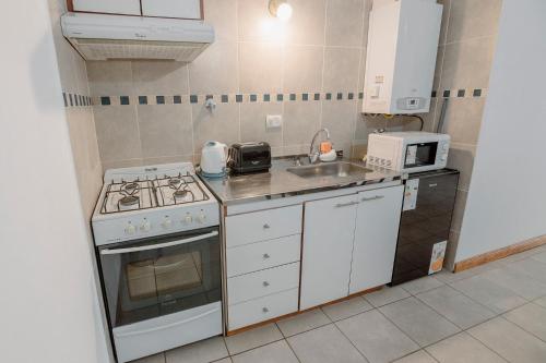 a small kitchen with a stove and a sink at Appartement in the Main Street with elevator access in Ushuaia