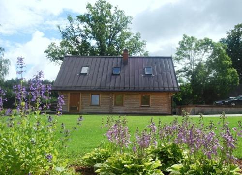a house in a field with purple flowers at Vilks un Briedis Holiday Home & Wellness Area in Smiltene