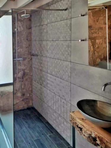 a bathroom with a glass shower with a sink at River House Sejães in Oliveira de Frades