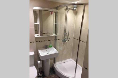 een badkamer met douche, wastafel en toilet bij Rose Cottage in Ludham