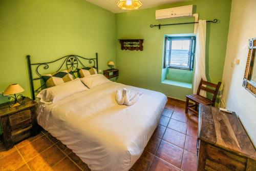 1 dormitorio con 1 cama grande en una habitación con paredes verdes en Tito´s Beach House, en Pozo Negro