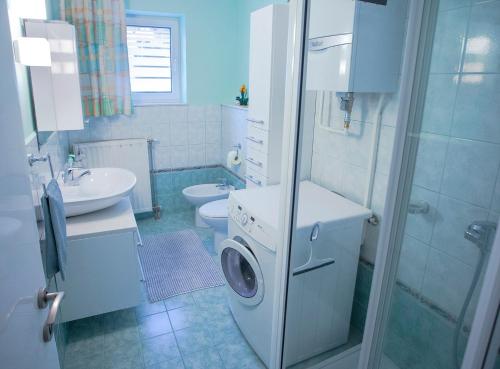 a bathroom with a washing machine in the shower at Goldenfields apartment in Kranj