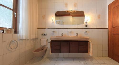 a bathroom with a sink and a mirror and a toilet at Haus Niklehen in Hüttschlag