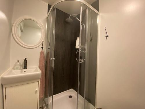 a bathroom with a shower, sink, and mirror at Prestshús 2 Guesthouse in Vík