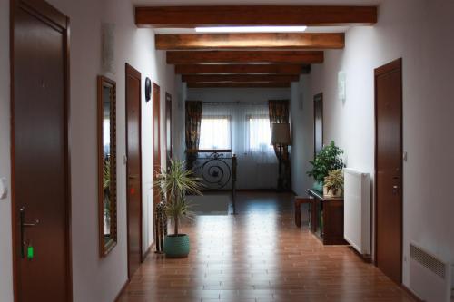 a hallway with potted plants in a building at Podzamcze in Rożnów