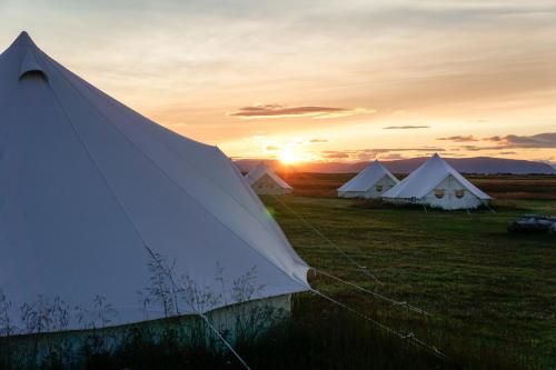 a white tent sitting on top of a grass covered field at Camp Boutique in Gaulverjabær