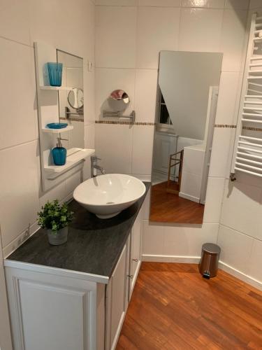 a white bathroom with a sink and a mirror at Historical town center spacious flat in Colmar
