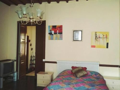 a bedroom with a bed and a chandelier at Residencia Los Conejos - Bike & Motorbike in Las Palmas de Gran Canaria