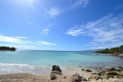 a beach with rocks and the ocean on a sunny day at Pieds dans l eau Piscine Calme Appartement Althéa in Le Gosier
