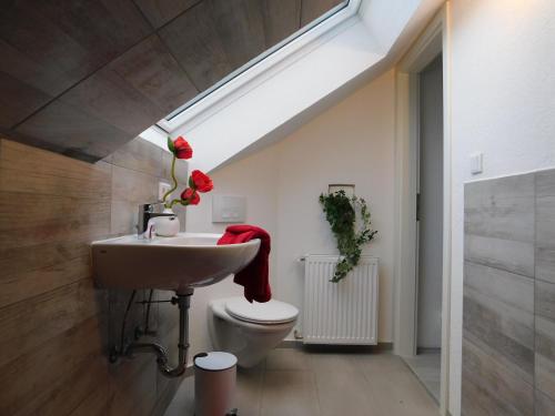 ein Badezimmer mit Waschbecken, Toilette und Dachfenster in der Unterkunft Haus Astenblick in Winterberg für bis zu 35 Personen für Wanderveranstaltungen und Familienfeiern in Winterberg