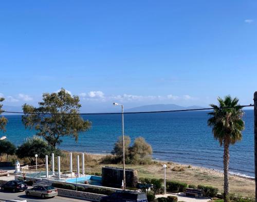 a view of the ocean and a street with cars at Starfish Seaside Studio in Artemida