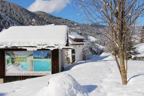 a house covered in snow with a tree at Villa Ortensia in San Vigilio Di Marebbe
