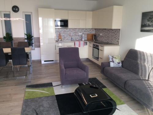 sala de estar con sofá y silla con maleta en Part Royal Apartments, en Keszthely