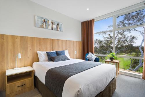 a bedroom with a large bed and a large window at Parkside Motel Geelong in Geelong