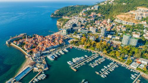 una vista aérea de un puerto con barcos en Apartments Luka, en Budva