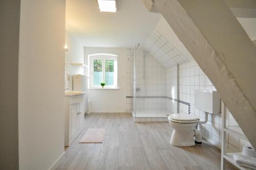 een witte badkamer met een toilet en een wastafel bij Gästehaus Schlossgarten in Etelsen