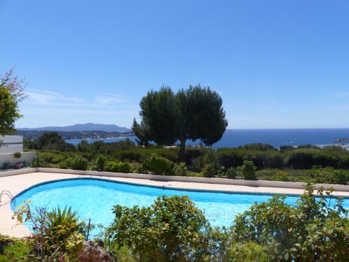une piscine avec vue sur l'océan dans l'établissement Superbe appartement Vue Mer et Piscine, à Bandol
