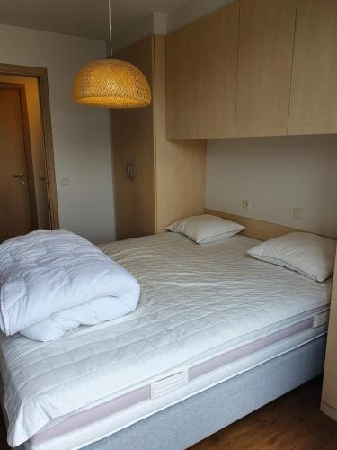 a bedroom with two beds and a chandelier at Oostduinkerke Apartments in Oostduinkerke