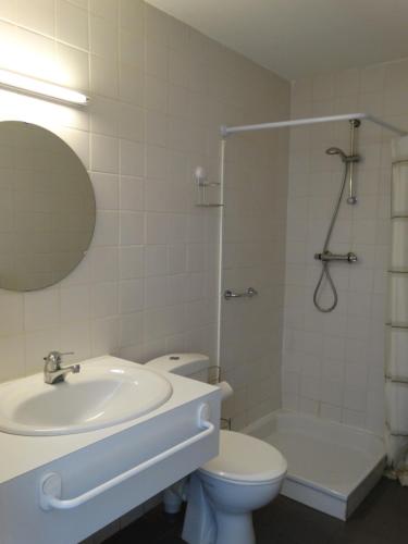 a bathroom with a sink and a toilet and a shower at Vakantieverblijf Berg en Dal in Heuvelland