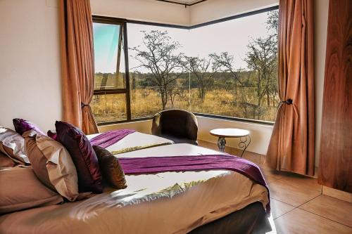ein Schlafzimmer mit einem Bett und einem großen Fenster in der Unterkunft Zebula 8 Bedroom Lodge – IV1 in Mabula