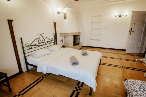 a bedroom with two beds and a fireplace at Green Wood Apartament Stara Ochota in Warsaw