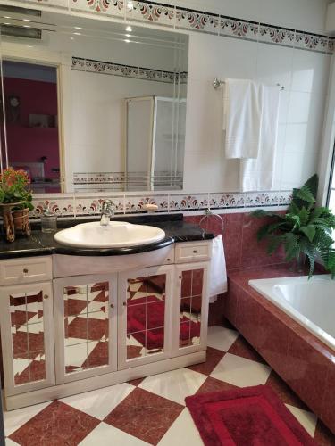 a bathroom with a sink and a tub and a mirror at El olivo in Tordesillas