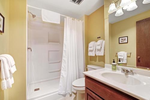 a bathroom with a shower toilet and a sink at Cleerwood Village #252 in Eagle River