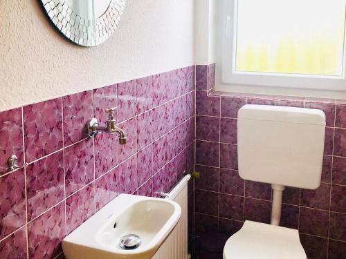 a bathroom with a sink and a toilet and a mirror at Gästezimmer am Hochrhein in Lauchringen