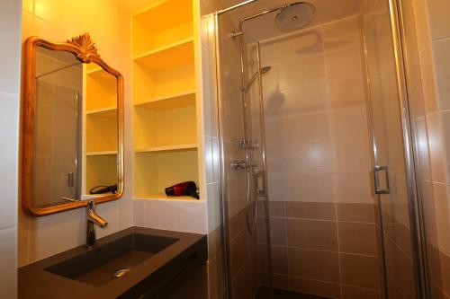 y baño con ducha, lavabo y espejo. en Le postillon - Duo en Saint-Pierre-dʼEntremont