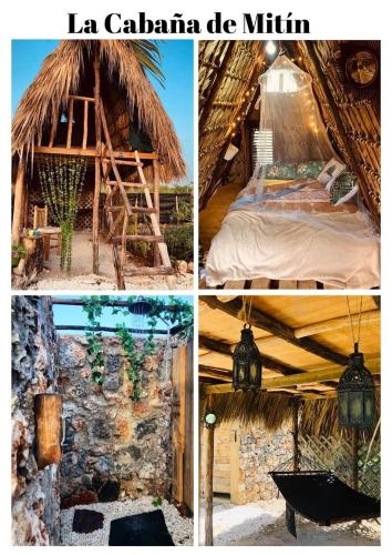a collage of four pictures of a thatch roofed house at GuaiGüí Bayahibe in Bayahibe