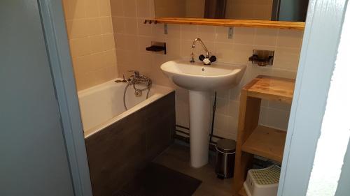 a small bathroom with a sink and a bath tub at LE PLEIN SUD in Les Deux Alpes