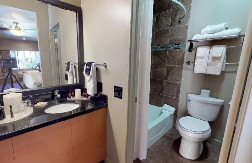 a bathroom with a toilet and a sink and a tub at Flanigan`s Resort and Spa in Springdale