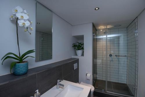 a bathroom with a sink and a shower and a mirror at Six One Five at Matrix in Cape Town