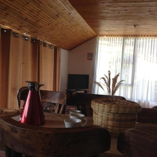 ein Wohnzimmer mit einem Tisch und einem roten Wasserkocher in der Unterkunft Cabañas Refugio del cerro in Aquitania