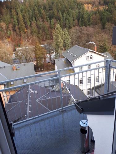 a balcony with a view of a building and water at Wieko Ferienwohnungen - Luxus Pur im Prinz von Preußen in Bad Elster
