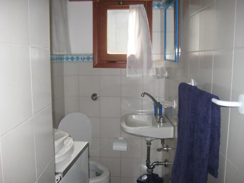 a small bathroom with a sink and a toilet at Casa Messi in Pitigliano