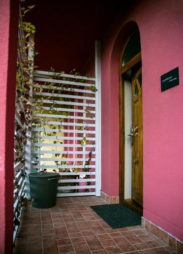 a pink building with a potted plant next to a door at NORDIC Home in Deva