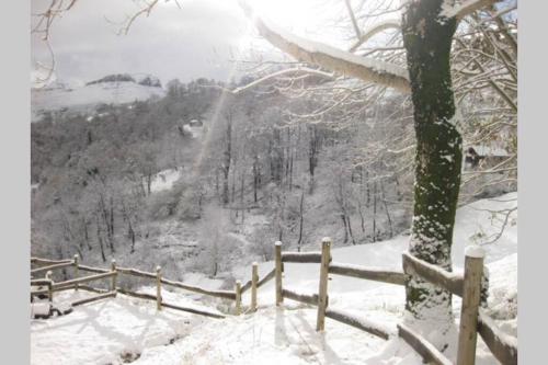 a fence covered in snow next to a tree at Los Pradones in San Roque de Ríomiera