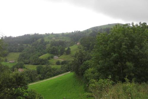 a view of a green hill with trees and a road at Los Pradones in San Roque de Ríomiera