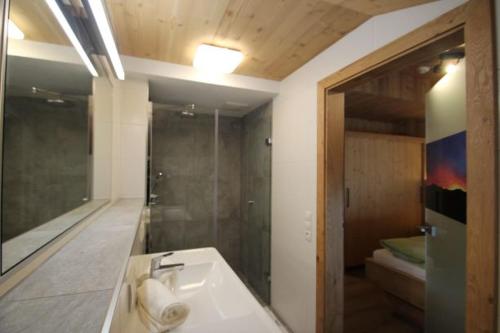 a bathroom with a sink and a shower at Schösserhof in Zell am Ziller