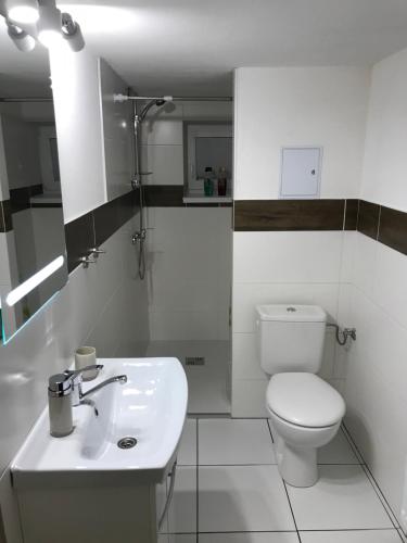 a white bathroom with a toilet and a sink at Apartmán Jedlička in Telgárt