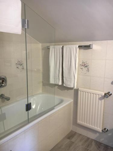 a bathroom with a tub and a glass shower at Landhaus Holzereck in Ehrwald