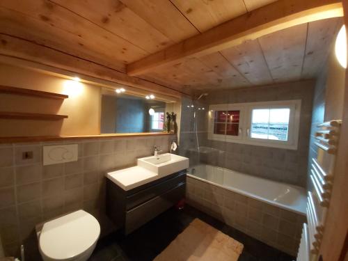uma casa de banho com um WC, um lavatório e uma banheira em Tgèsa Felici em Sedrun